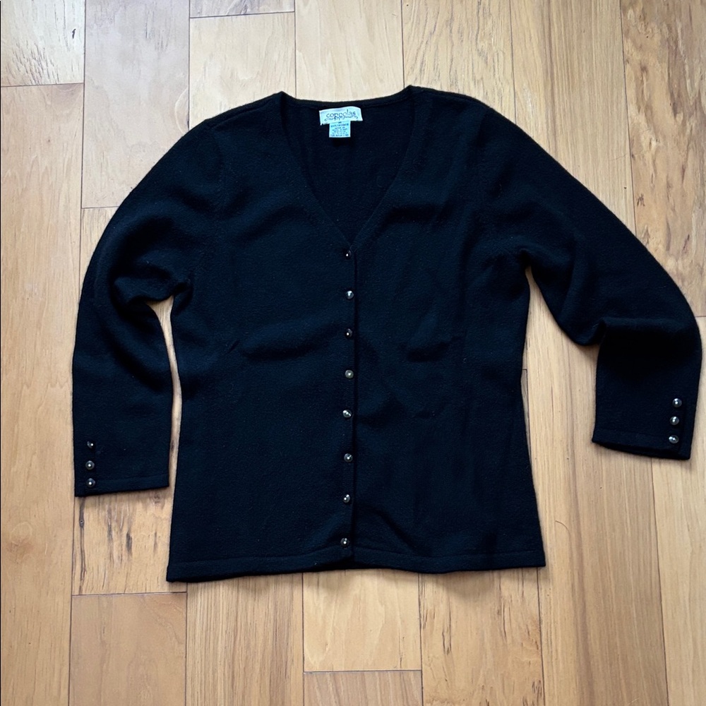 Coppolas black cashmere V neck sweater with rhinestone button detail medium.